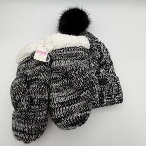 Victoria's Secret PINK Knit Beanie Pom Hat &‎ Mittens Sherpa Lined Bundle NWT